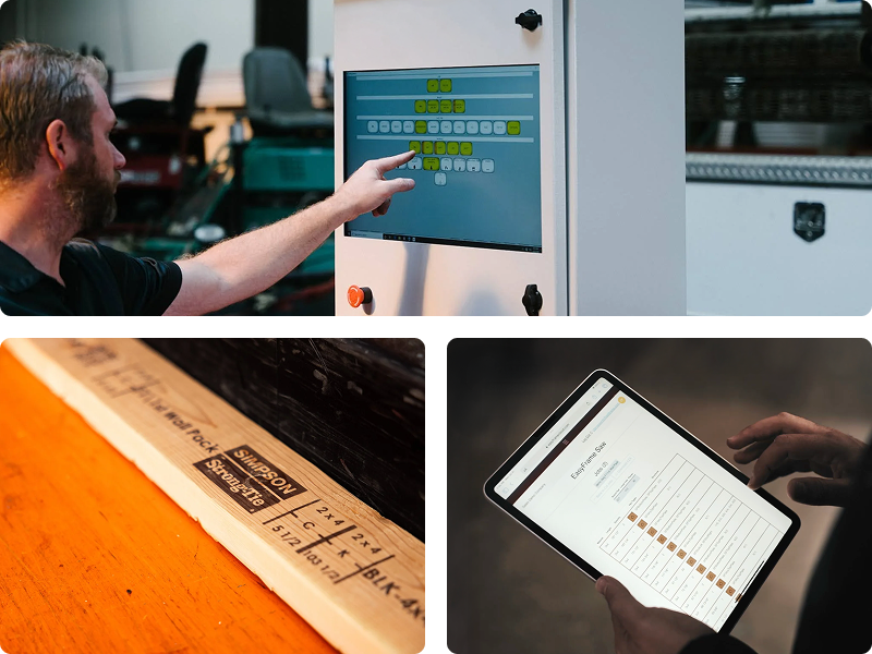 Three views of an EasyFrame machine processing lumber, including close-ups of wood markings and the automation system.